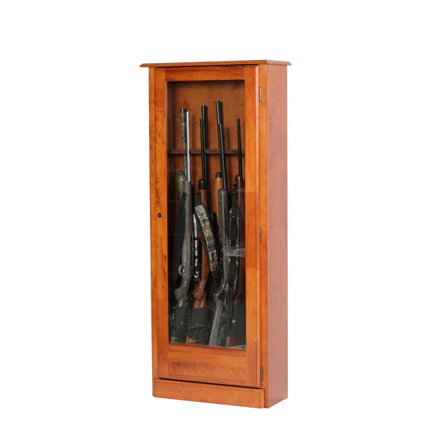 Gun Wall Rack Wood Cabinet Display Rifle Gun Locking Bar Ammo Storage Box Shoot